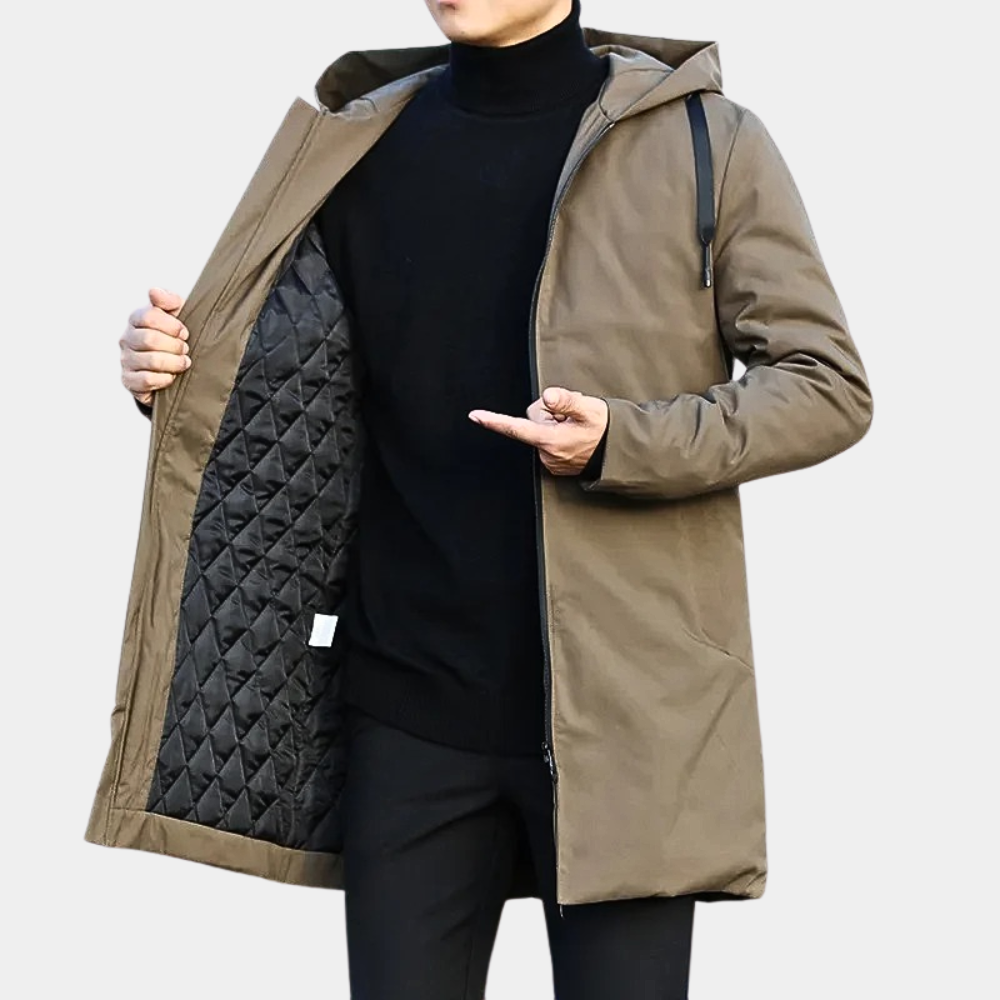 Fashionable men's mid-length quilted coat with a hood, a practical zip-up outerwear for cold seasons.