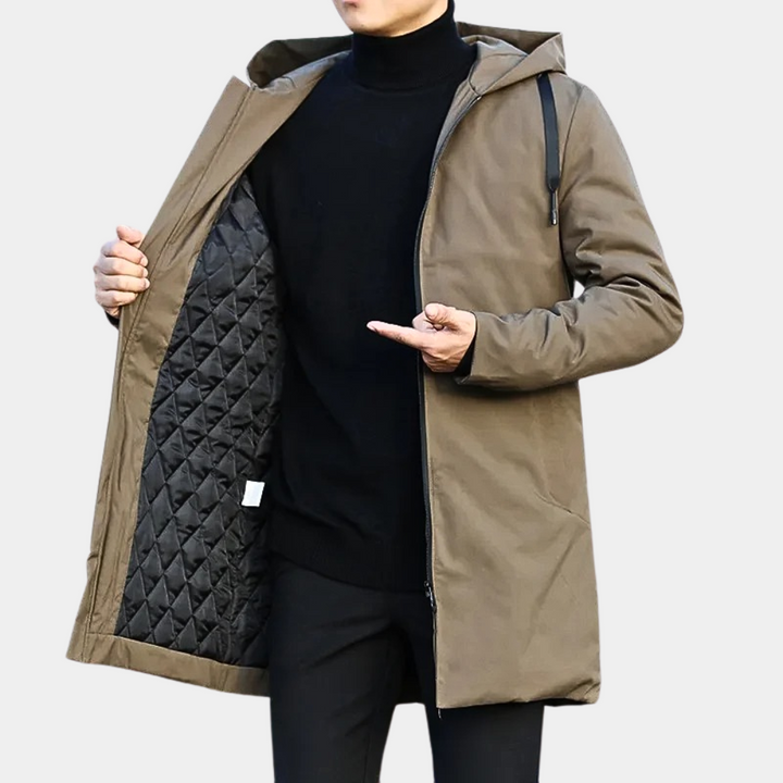 Fashionable men's mid-length quilted coat with a hood, a practical zip-up outerwear for cold seasons.