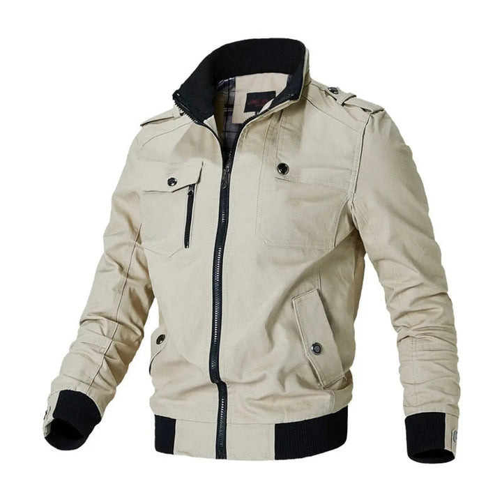 Versatile men's multi-pocket military bomber jacket, zip-up, perfect for fall fashion and spring casual wear.