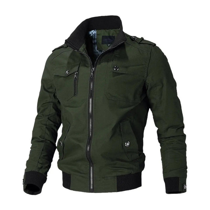 Stylish men's military bomber jacket with multiple utility pockets & zip-up front, essential fall outerwear.
