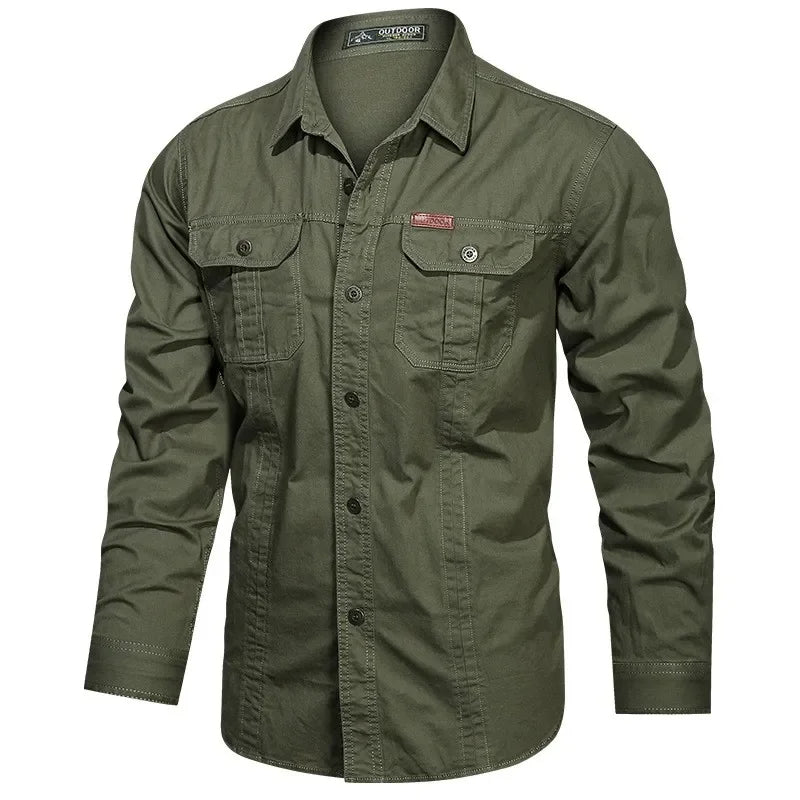 Men's military style cotton long sleeve shirt with chest pockets, perfect for rugged outdoor wear.