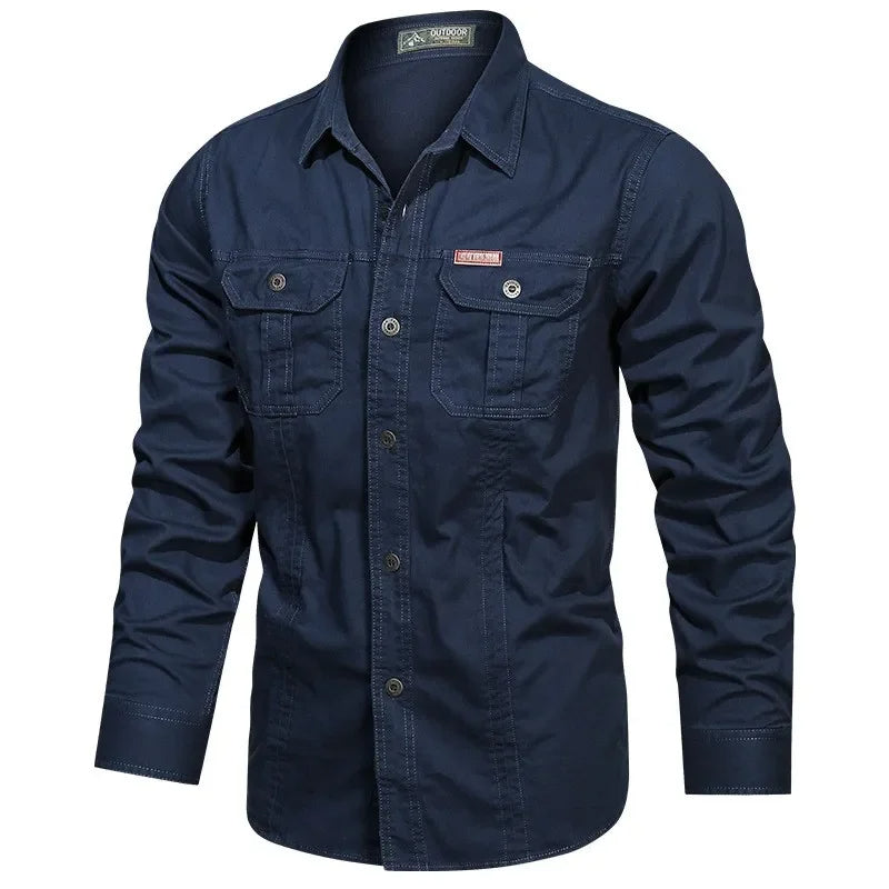 Durable men's cotton utility shirt, long sleeve button down, ideal for casual fashion or outdoor adventures.