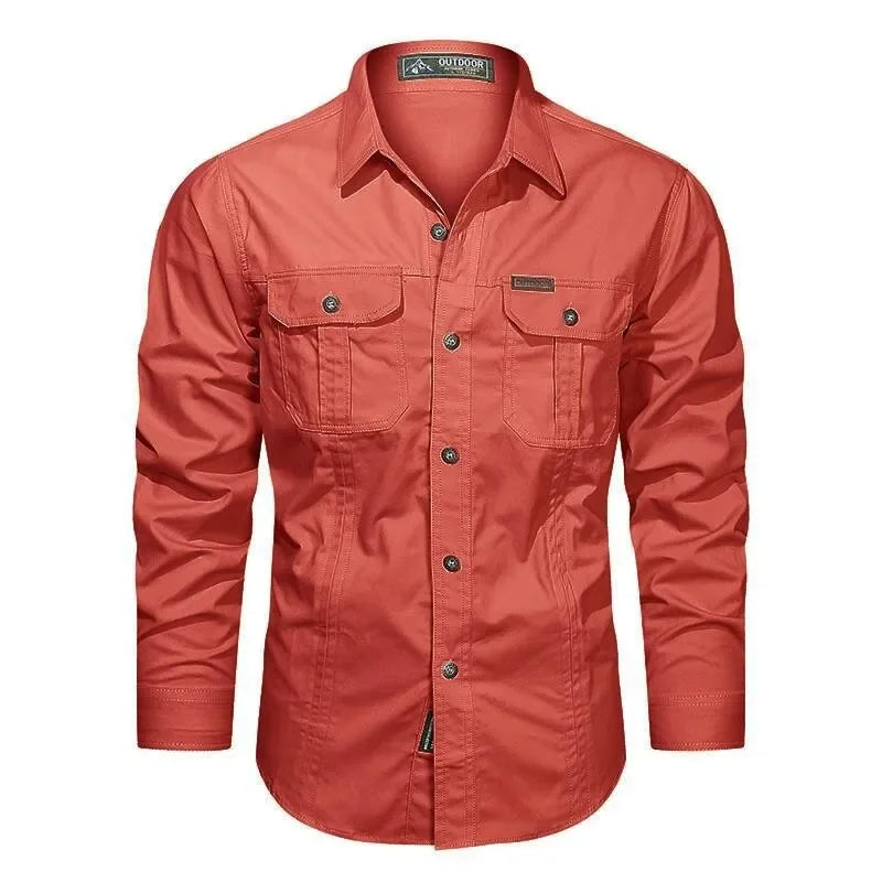Versatile men's long sleeve cotton shirt, military inspired, offering comfort for casual and outdoor wear.