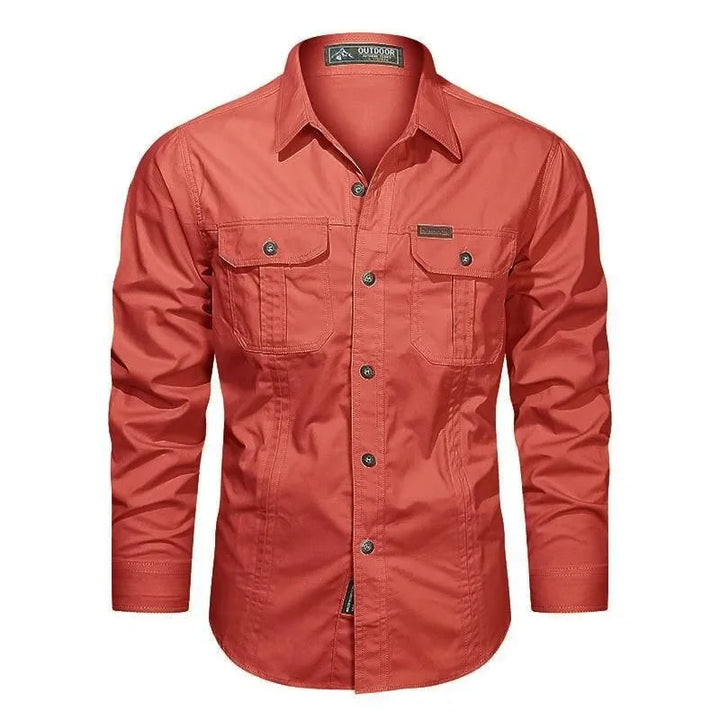 Versatile men's long sleeve cotton shirt, military inspired, offering comfort for casual and outdoor wear.