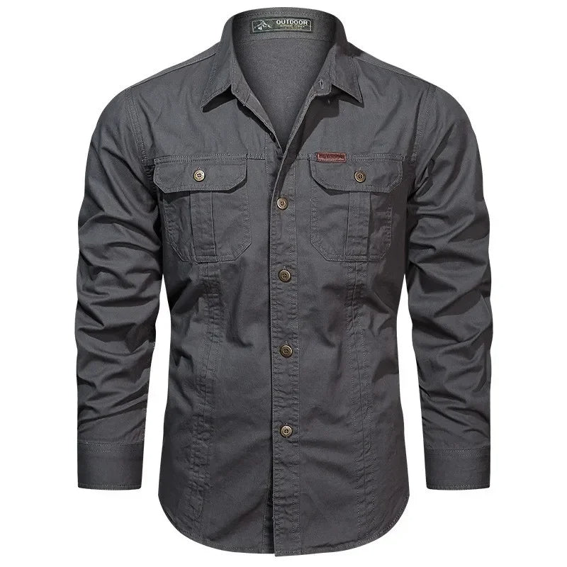 New men's durable cotton military shirt, long sleeve and rugged, great for utility and casual styling.