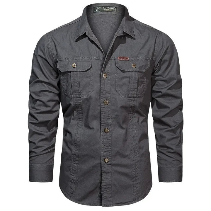 New men's durable cotton military shirt, long sleeve and rugged, great for utility and casual styling.
