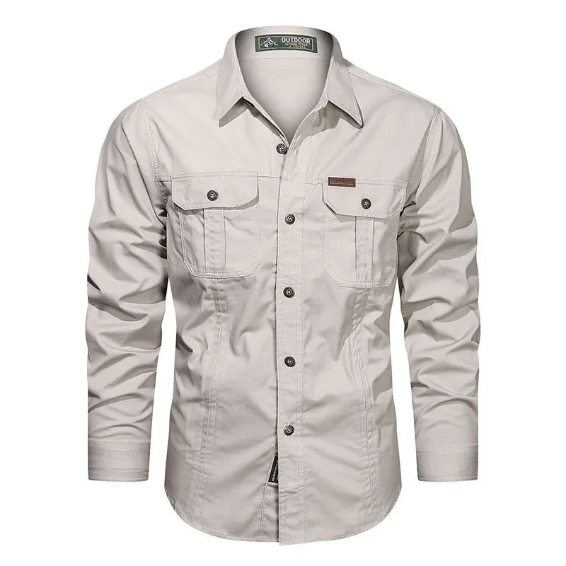 Classic men's military style long-sleeve cotton shirt with button-down front and dual chest pockets.