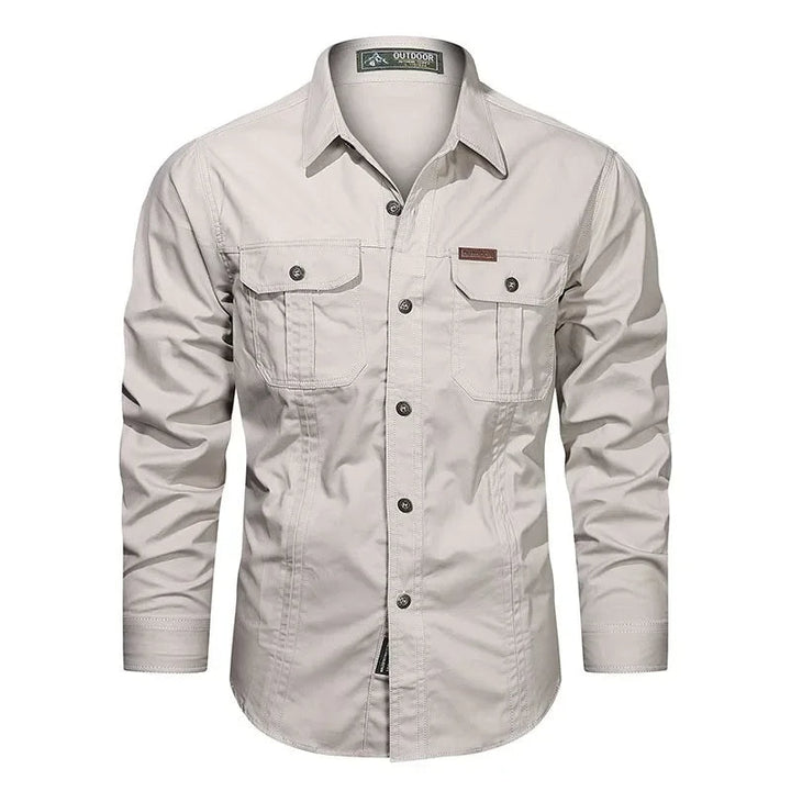 Classic men's military style long-sleeve cotton shirt with button-down front and dual chest pockets.