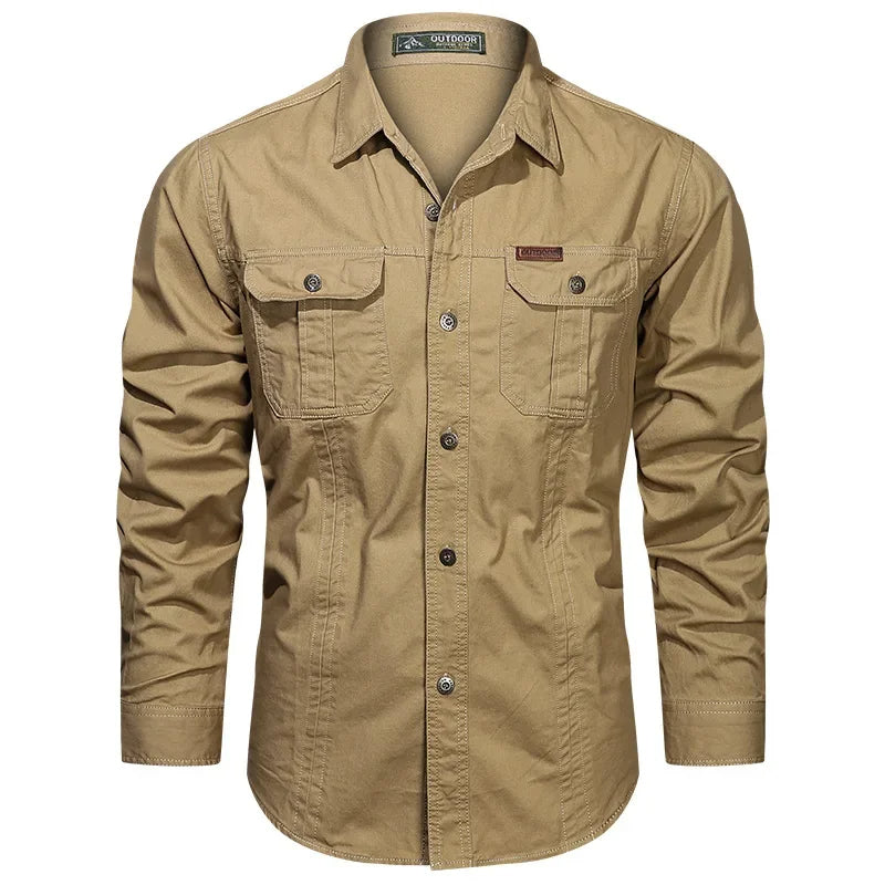 Men's rugged outdoor long sleeve cotton shirt, military style, perfect for durable and versatile wear.