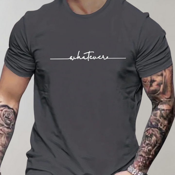 Detail shot of a men's crew neck t-shirt showing the subtle minimalist graphic print.