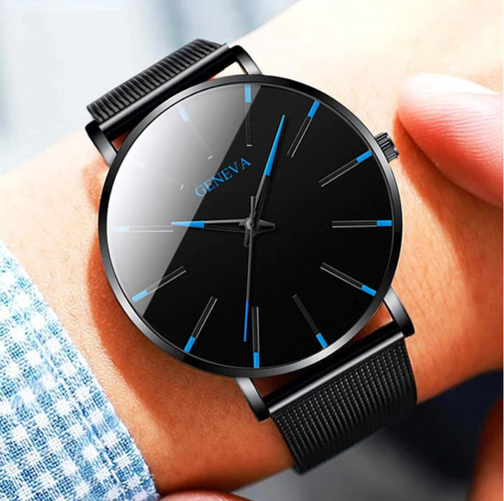 Close-up of a minimalist men's analog quartz watch, showing clean dial and eco-friendly design.