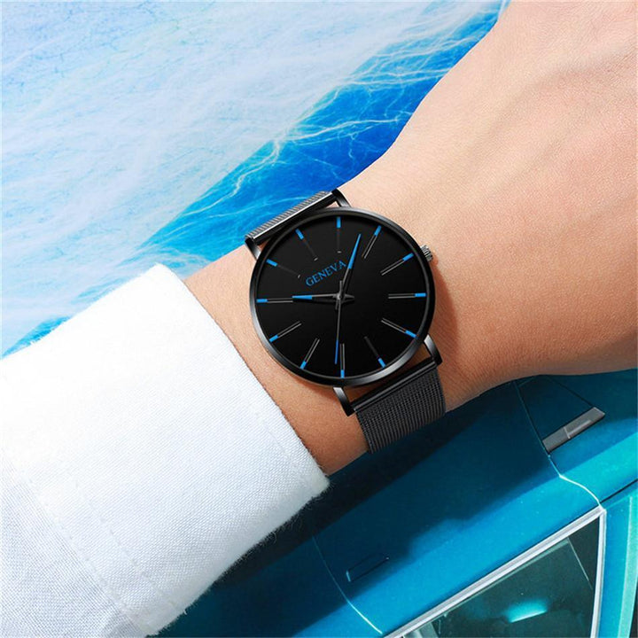 Vegan leather black band of a sustainable men's watch, highlighting eco-friendly and comfortable everyday wear.