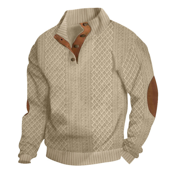Men's mock neck cable knit sweater with button placket, perfect for fall and winter cozy casual wear.