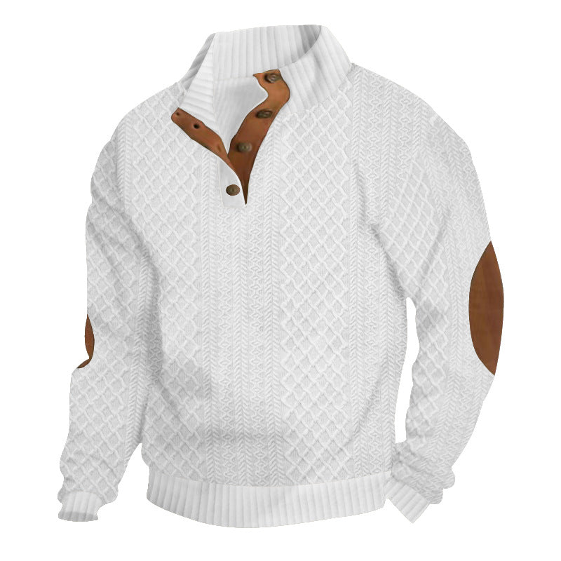 Stylish men's long sleeve mock neck cable knit sweater with button placket, ideal for fall/winter fashion.