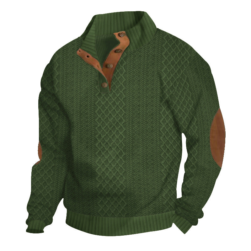 Cozy men's mock neck cable knit sweater, featuring button placket & elbow patches, great for casual fall outfits.