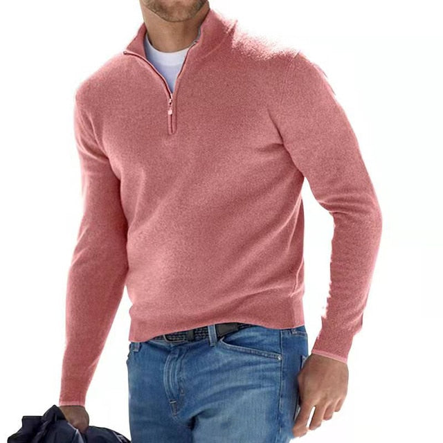 Soft men's mock neck quarter-zip sweater, offering superior comfort & versatile layering options.