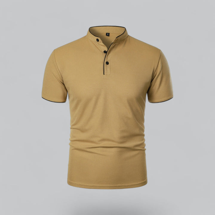 Men's modern collarless polo shirt, short sleeve, three-button design for smart casual style.
