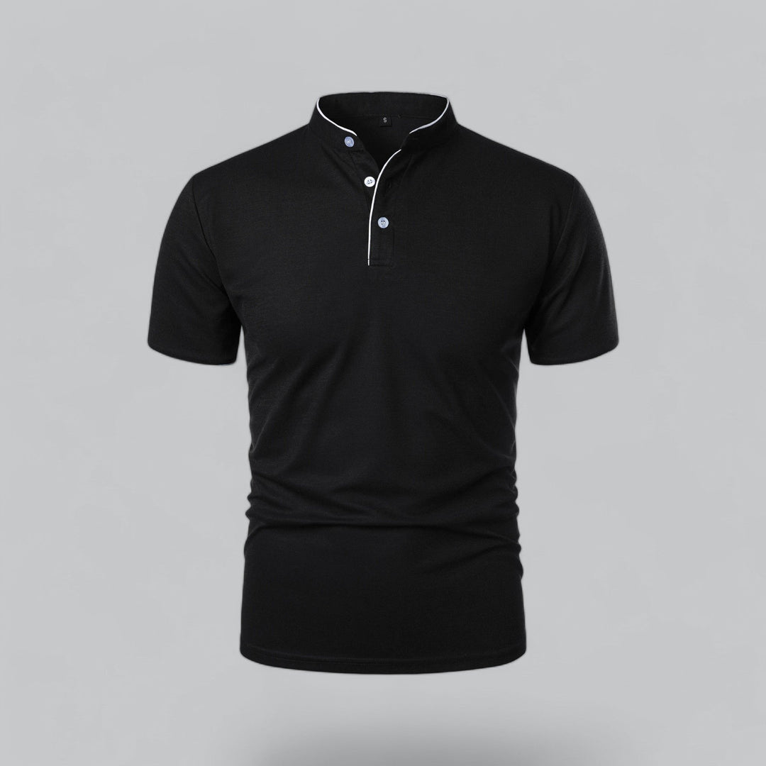 Men's three-button mandarin collar polo, short sleeve, versatile for smart casual outfits.