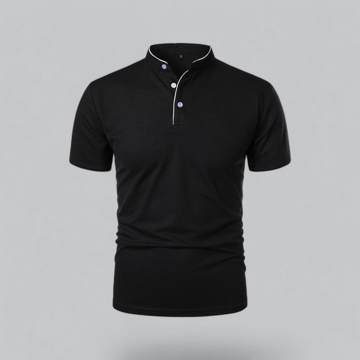 Men's three-button mandarin collar polo, short sleeve, versatile for smart casual outfits.