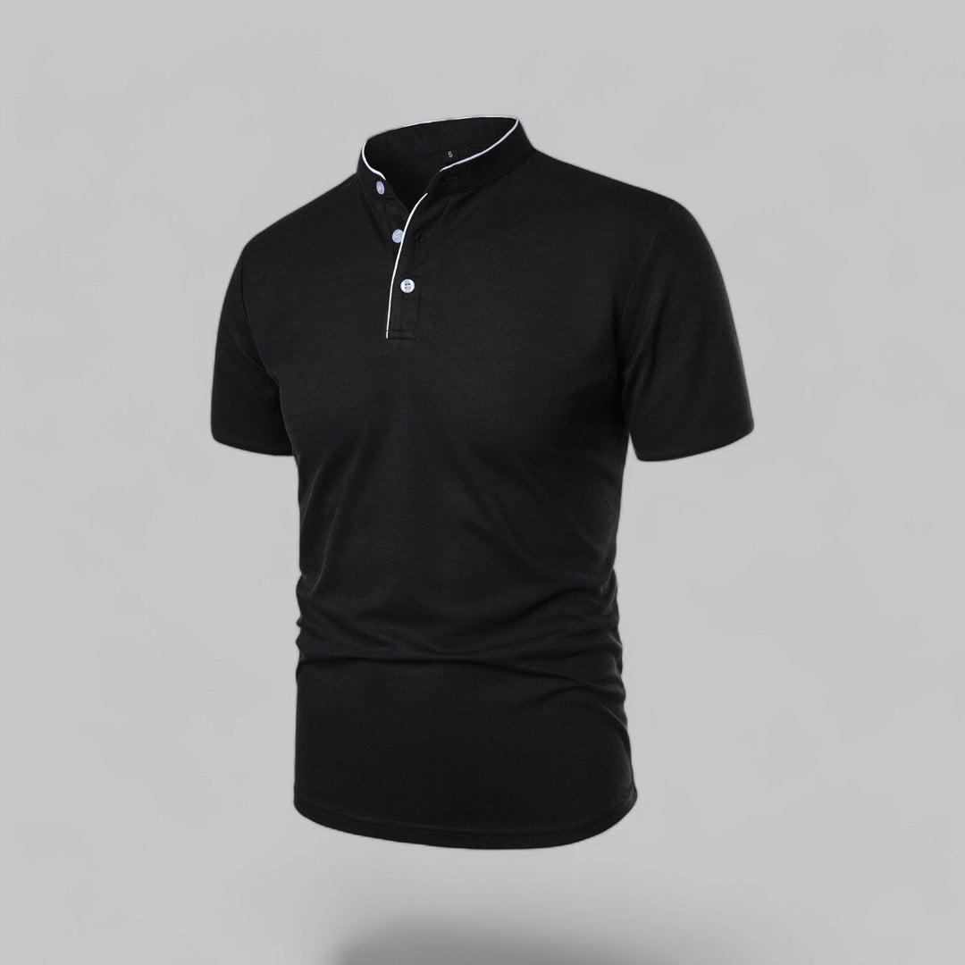 Men's modern short sleeve polo, collarless design, ideal for a smart casual summer wardrobe.