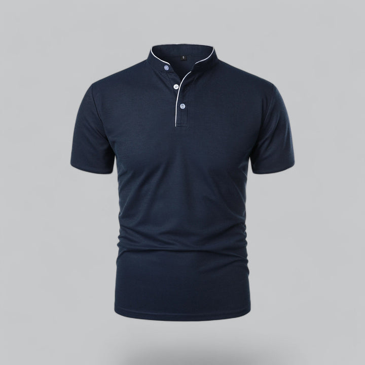 Stylish men's collarless polo, three-button, regular fit, short sleeve for versatile everyday style.
