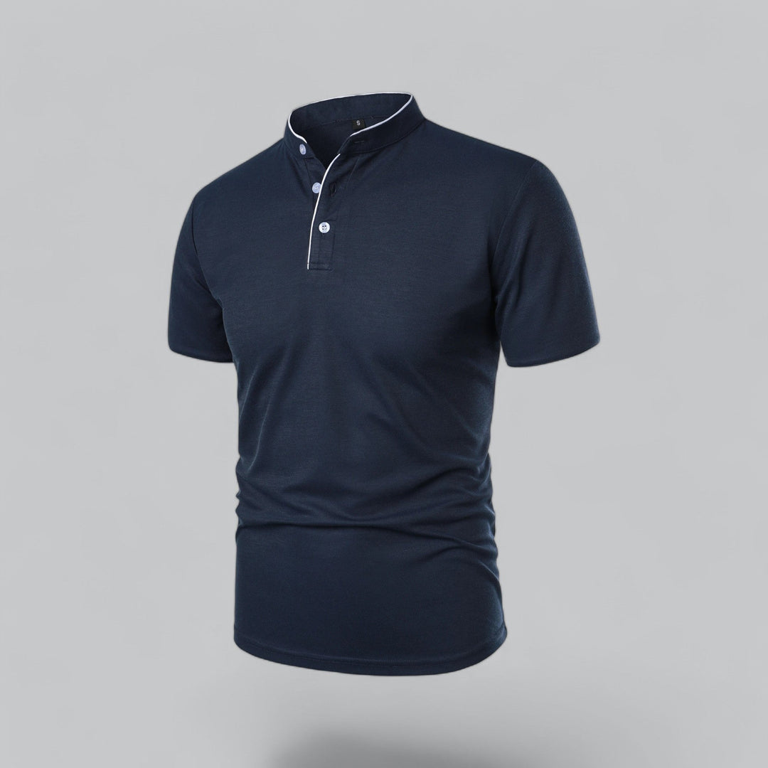 Modern men's short sleeve polo shirt, mandarin collar, three-button, perfect for smart casual looks.