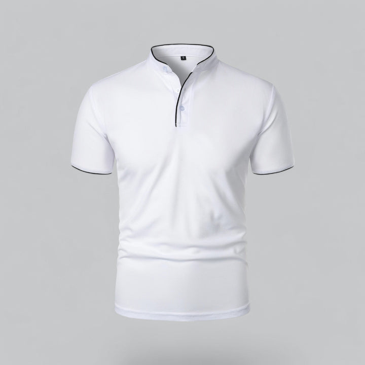 Men's everyday wear collarless polo, short sleeve, regular fit, offering effortless summer style.