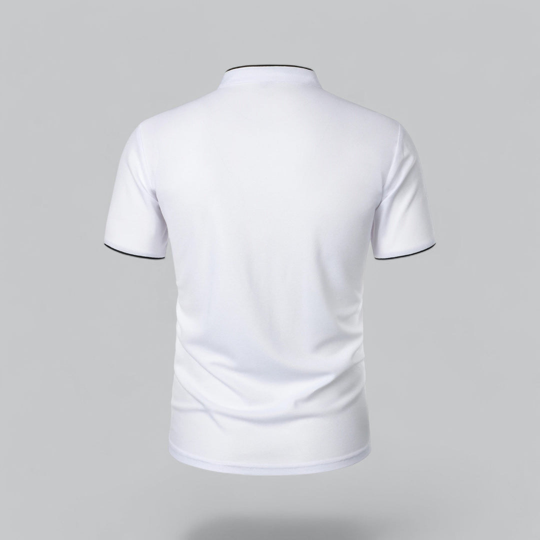 Versatile men's three-button polo, collarless, short sleeve, suitable for modern smart casual events.