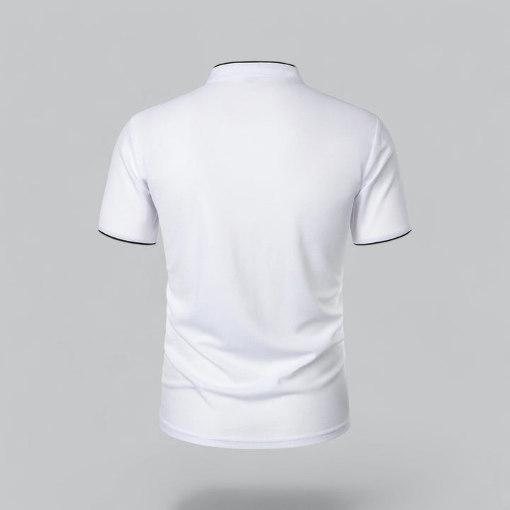 Versatile men's three-button polo, collarless, short sleeve, suitable for modern smart casual events.