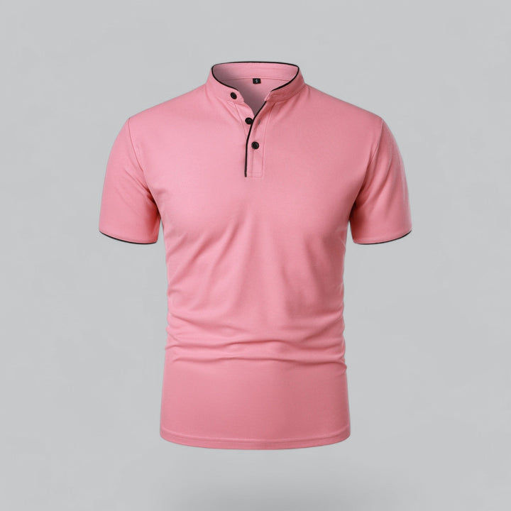 Men's modern collarless polo, short sleeve, three-button, perfect for a refined smart casual ensemble.