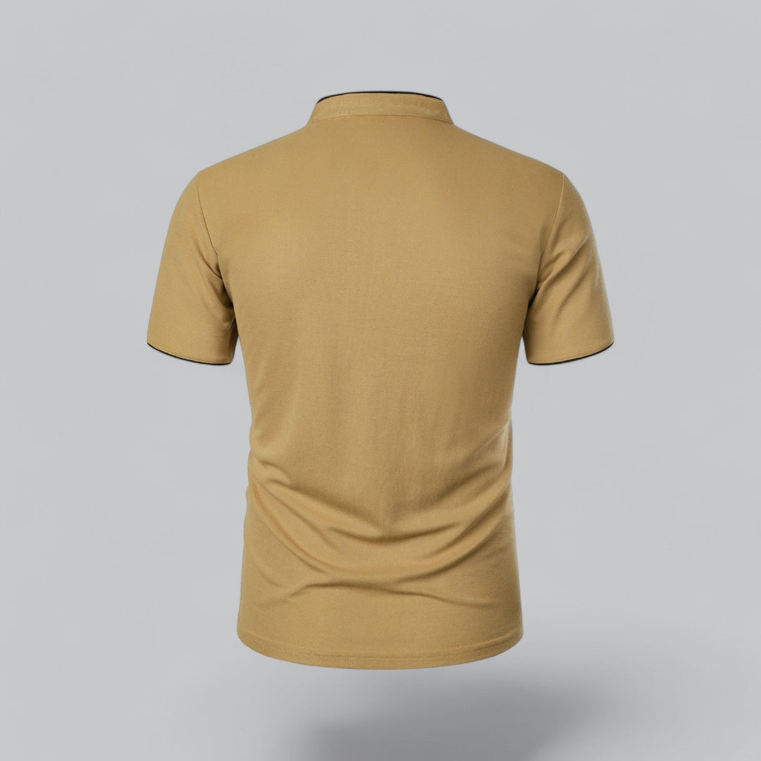 Effortless men's polo with mandarin collar, short sleeves, perfect for summer everyday wear.