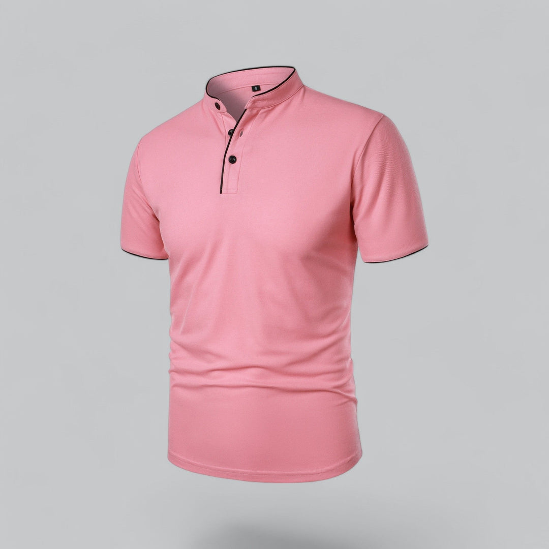 Men's summer smart casual polo, short sleeve, three-button, mandarin collar for a modern look.