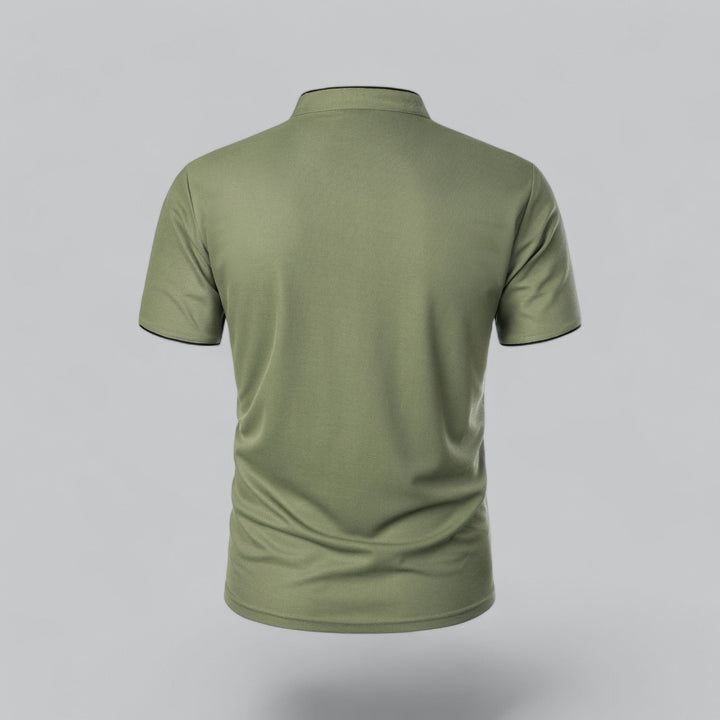 Modern men's polo shirt, short sleeve, three-button, collarless, perfect for relaxed summer days.