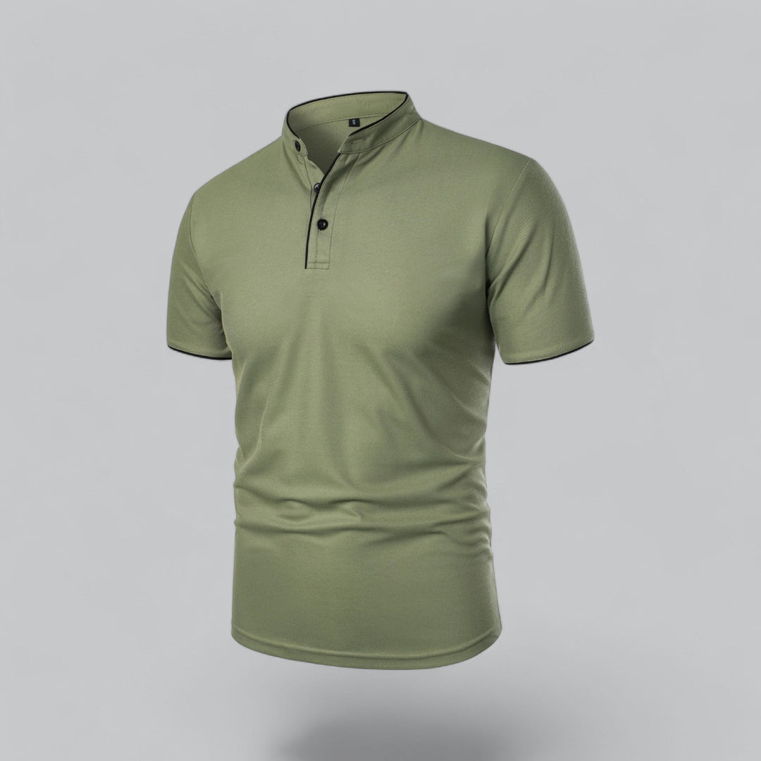 Men's versatile short sleeve polo, mandarin collar, regular fit, ideal for effortless smart casual.