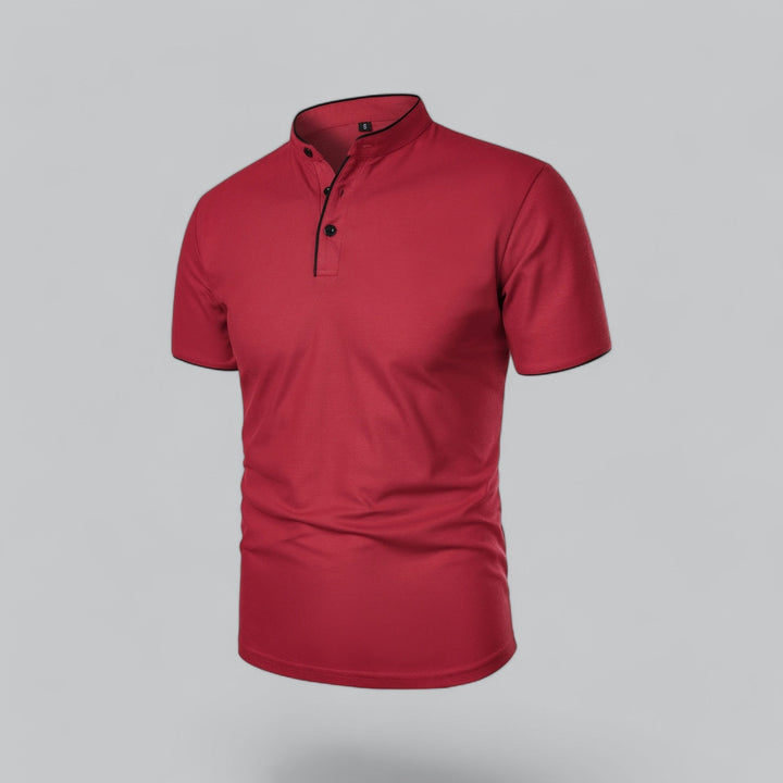 Men's smart casual collarless polo, short sleeve, three-button, perfect for versatile summer outfits.