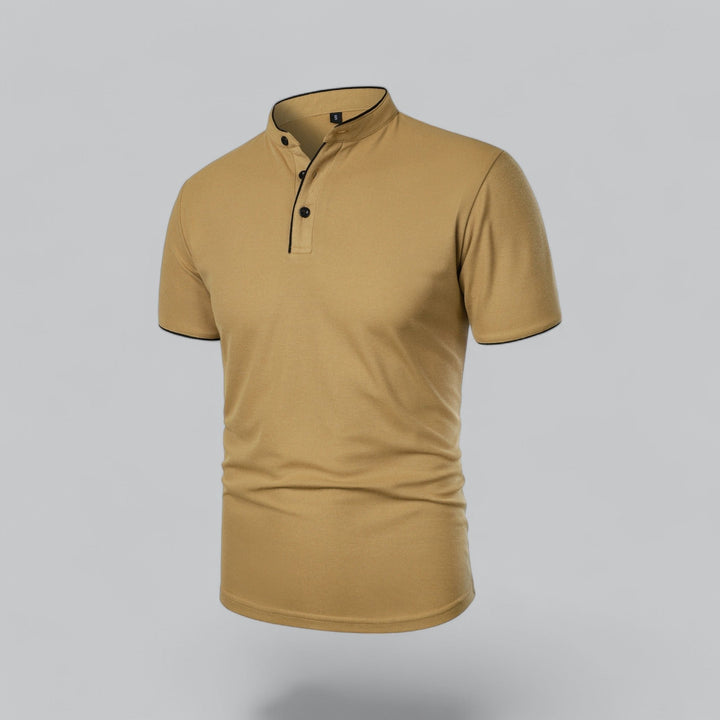 Stylish men's collarless polo shirt, regular fit, short sleeve, versatile for smart casual outfits.