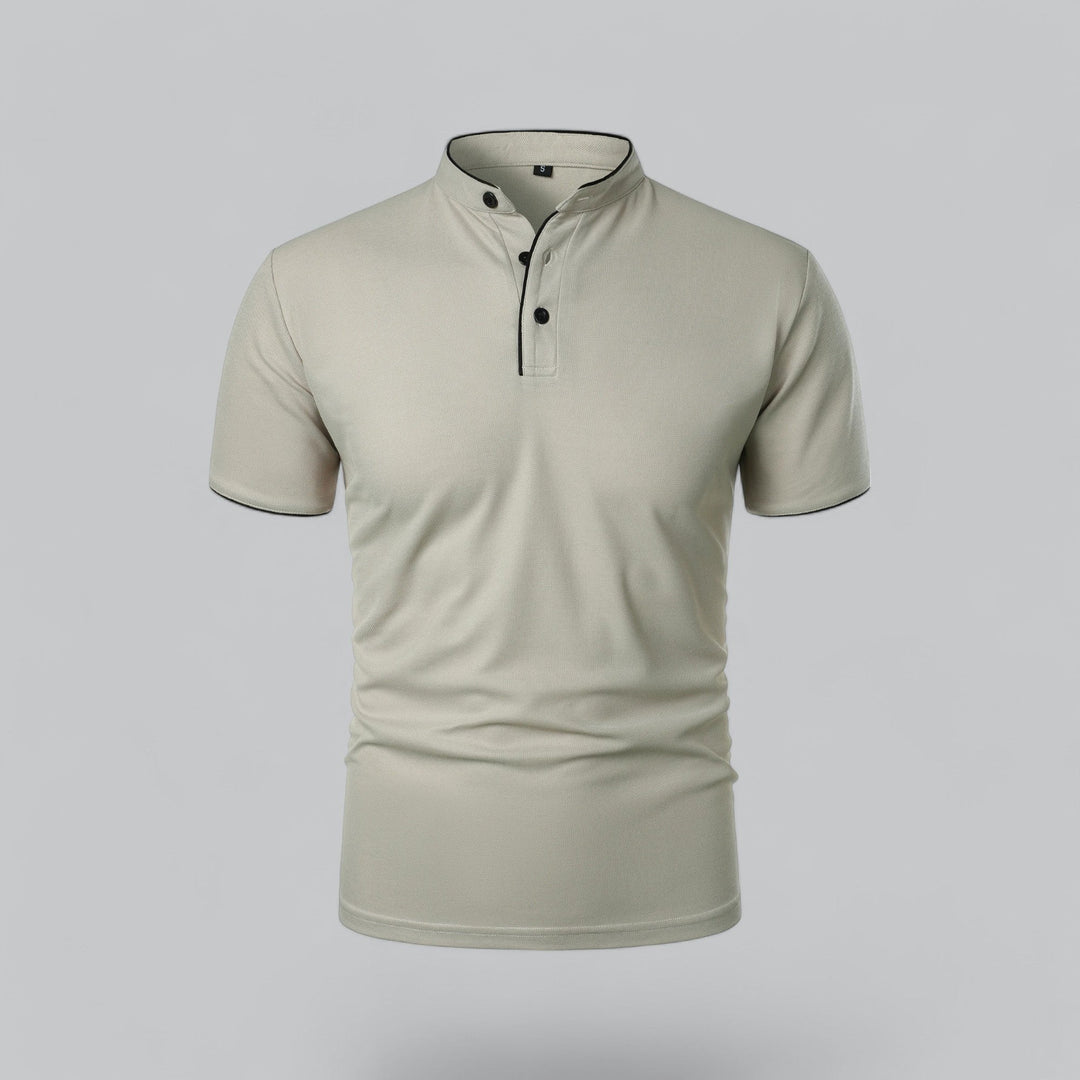 Modern men's three-button polo, collarless design, short sleeve, ideal for warm weather fashion.