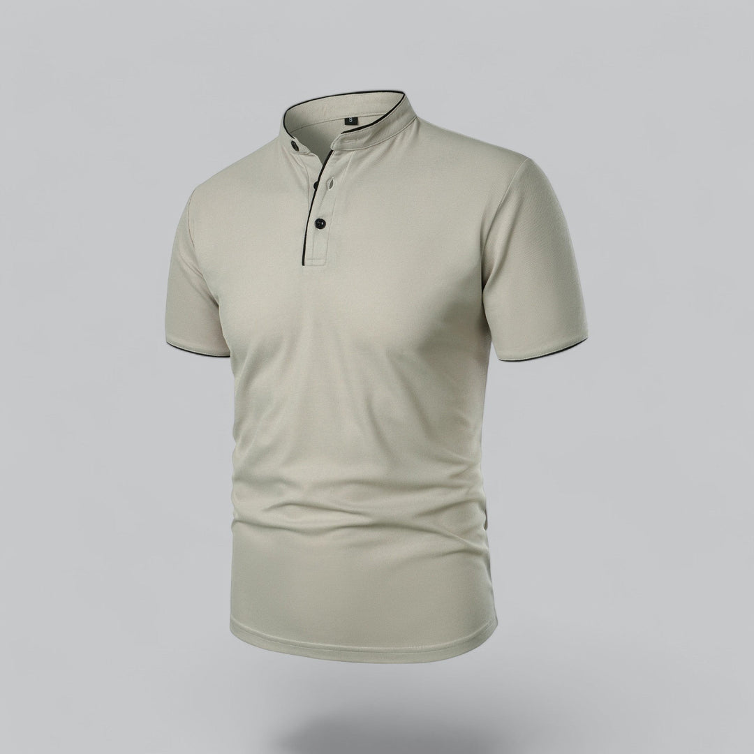 Versatile men's mandarin collar polo, three-button, short sleeve, for a modern, effortless look.