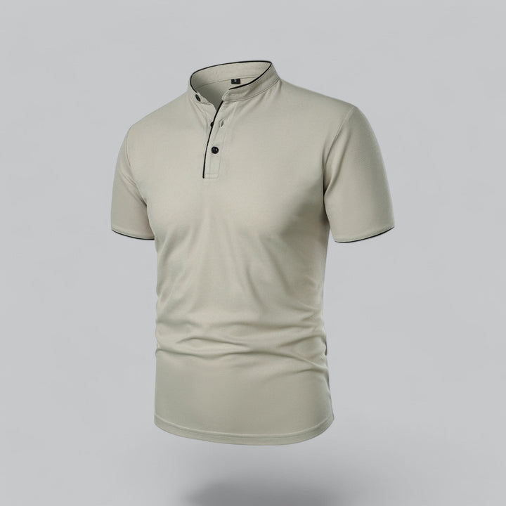 Versatile men's mandarin collar polo, three-button, short sleeve, for a modern, effortless look.