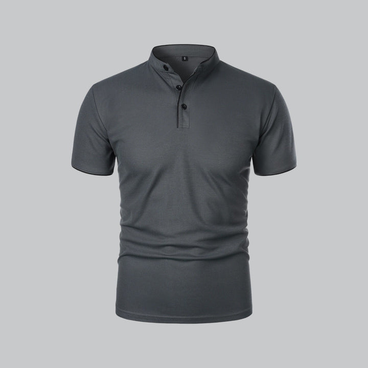 Effortless men's short sleeve polo, collarless, regular fit, perfect smart casual summer fashion.