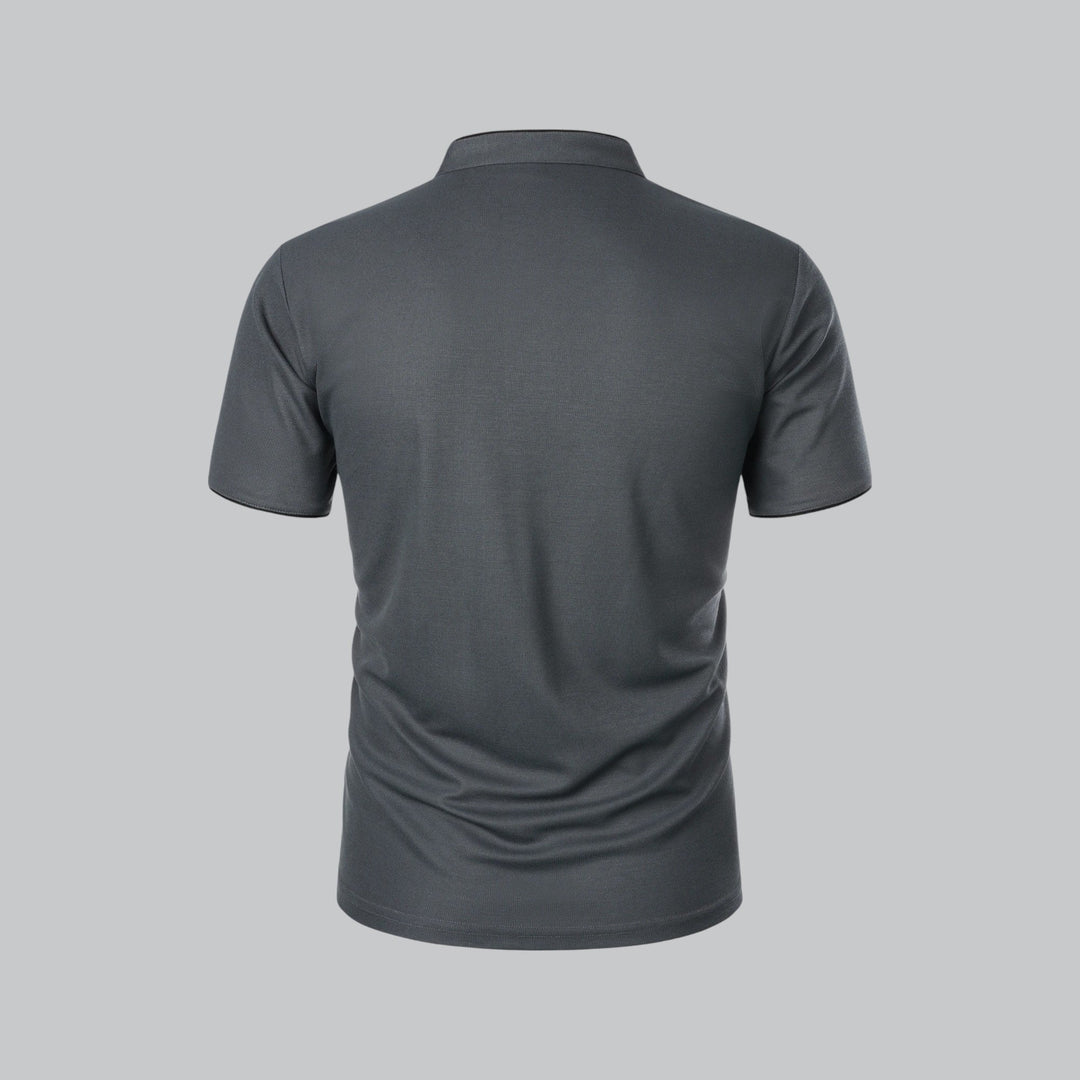 Men's modern collarless polo, three-button placket, short sleeve, for a sleek, contemporary style.