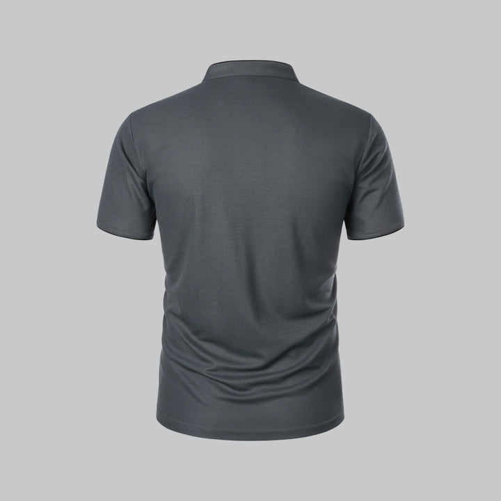 Men's modern collarless polo, three-button placket, short sleeve, for a sleek, contemporary style.