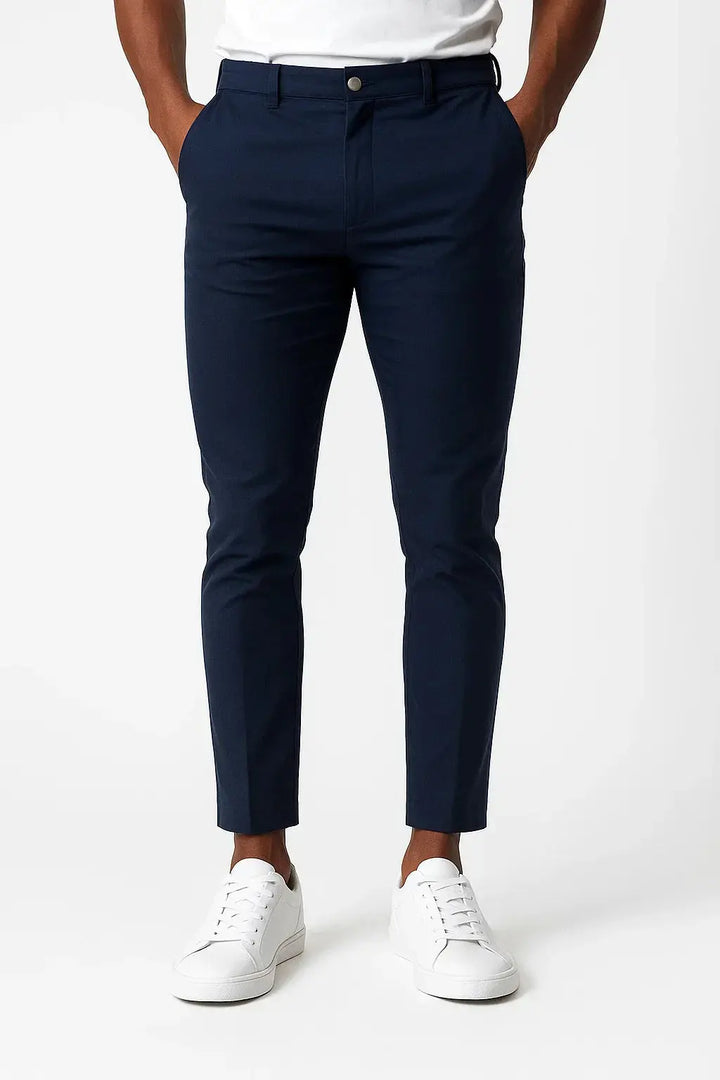 Stylish dark blue men's modern fit chino pants, ideal for casual and office fashion.