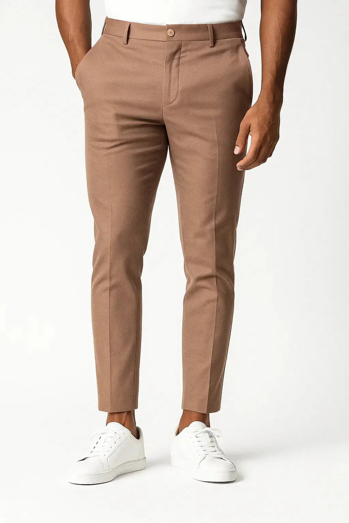 Men's modern fit khaki chinos, versatile all-season pants offering comfort & elegance.