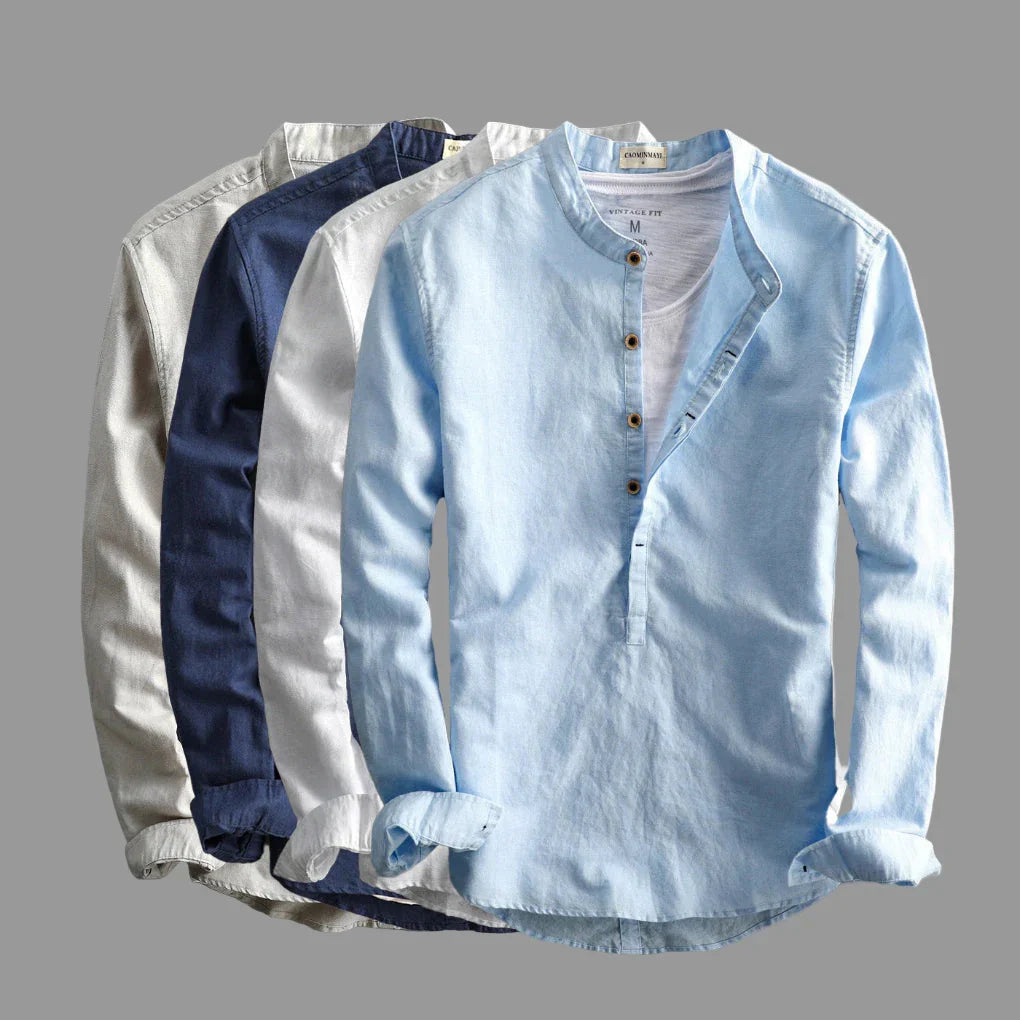 Men's modern fit long sleeve button-down shirt in a rich dark blue, a key piece for trendy men's fashion.