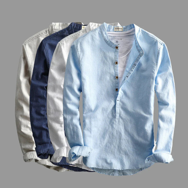Men's modern fit long sleeve button-down shirt in a rich dark blue, a key piece for trendy men's fashion.