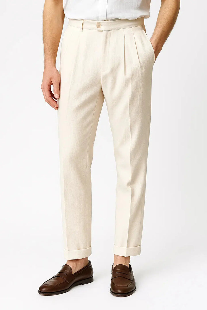 Contemporary men's modern fit trousers, featuring elegant folds, suitable for upscale men's fashion.