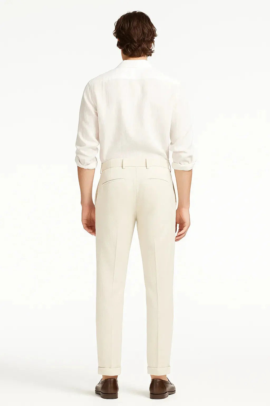 Versatile men's smart casual trousers, modern fit with elegant pleated design & rolled hem for any occasion.