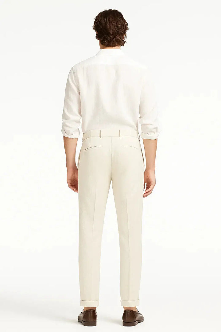 Versatile men's smart casual trousers, modern fit with elegant pleated design & rolled hem for any occasion.