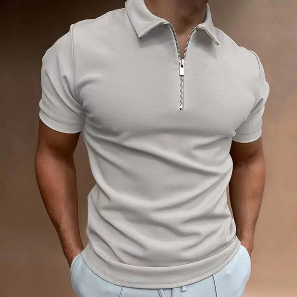 Men's modern fit zip collar polo shirt, perfect for sophisticated casual style & everyday comfort.